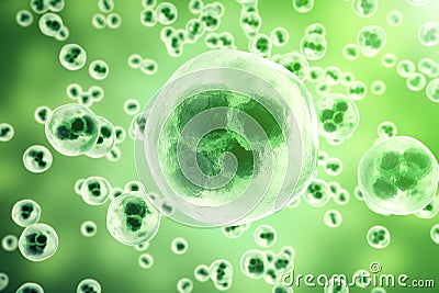 Human cells or animal on green background. Life and biology, medicine scientific concept with focus effect. 3d rendering Stock Photo