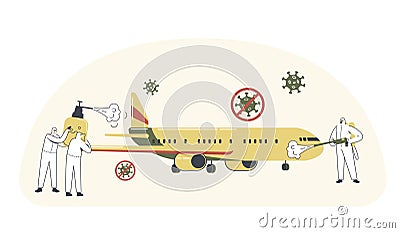 Human Characters Wear Protective Hazmat Suit Spraying Antibacterial Liquid Disinfectant Airplane in Airport Area Vector Illustration