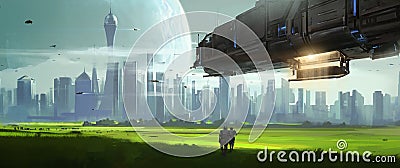 Human colony alien built city, 3D illustration Cartoon Illustration