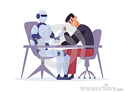 Human competing with robot in arm wrestling. Man versus artificial intelligence, confrontation sitting at table Vector Illustration