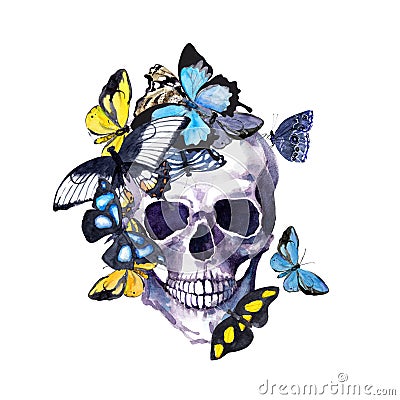 Human dead head with exotic butterflies. Watercolor for Halloween, tattoo Stock Photo