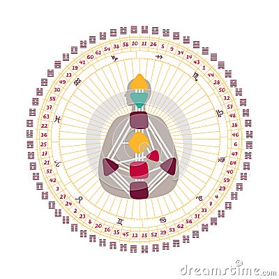 Human Design BodyGraph chart. Nine colored energy centers, planets, variables. Mandala. Hand drawn vector graphic Vector Illustration