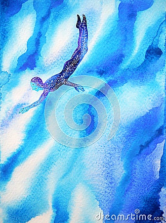 Human diving in abstract deep blue ocean sea, cloud sky of mind Cartoon Illustration