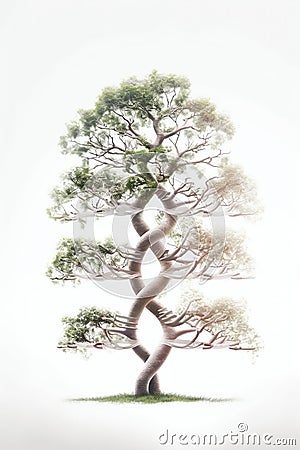 Human DNA helix with tree green leaves. Eco concept for medical, research and lab Cartoon Illustration