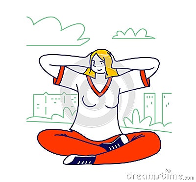 Human Emotional Balance, Body Language Concept. Young Woman Sit Outdoors Covering Ears Like Wise Monkey Do Not Hear Evil Vector Illustration