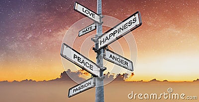 Human emotional and desires on directional signpost, with sunrise sky backgrounds Stock Photo