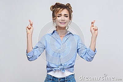 Human emotions and feelings. Superstitious teenager girl with bl Stock Photo