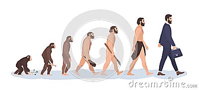 Human evolution stages. Evolutionary process and gradual development visualization from monkey or primate to businessman Vector Illustration