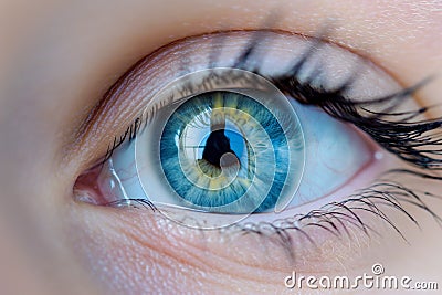 human eye with blue iris, long eyelashes, Blue woman eye macro, Macro image of human eye Stock Photo