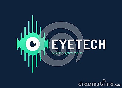 Human eye with circuit board, tech logo emblem. Concept for CCTV. Vector human tech eye logo, sign, emblem design element Vector Illustration