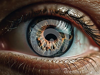 Human eye closeup as concept for World Sight Day. Contact lens, retina, cornea and eyelash. Generative AI Stock Photo