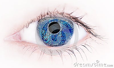 Human eye with with electronic circuit board reflection , Abstract Stock Photo