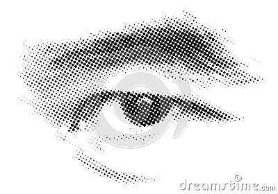 Human eye halftone technic printing. Vector Illustration