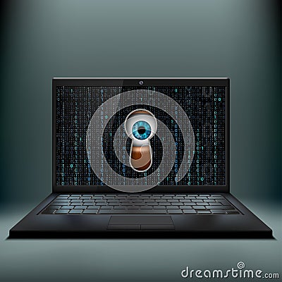 Human eye in the keyhole and a laptop. Cybercrime. Stock Vector Illustration