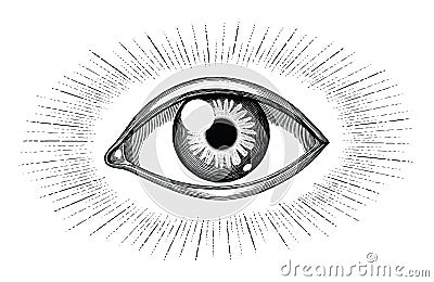 Human eye with rays tattoo hand draw vintage engraving isolated on white background Vector Illustration