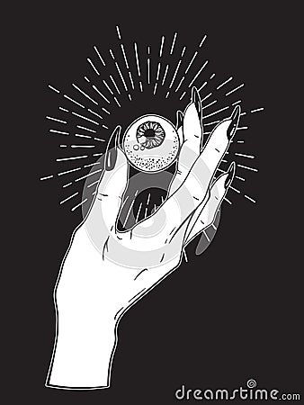 Human eyeball in female hand isolated. Sticker, print or blackwork tattoo hand drawn vector illustration Vector Illustration