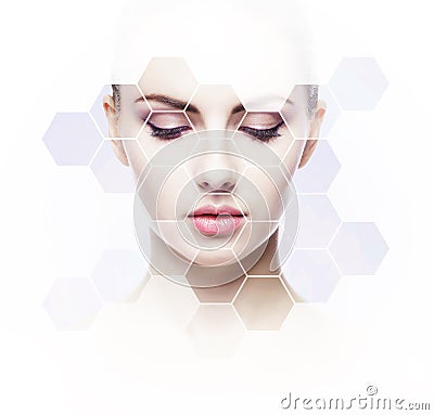 Human face in honeycomb. Young and healthy woman in plastic surgery, medicine, spa and face lifting concept. Stock Photo