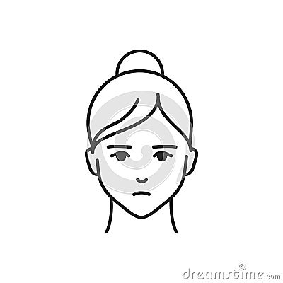 Human feeling boredom line black icon. Face of a young girl depicting emotion sketch element. Cute character on white background Stock Photo