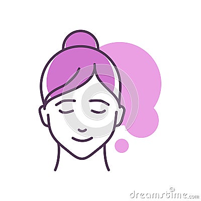 Human feeling desire line color icon. Face of a young girl depicting emotion sketch element. Cute character on violet Vector Illustration