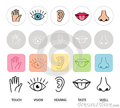 Human feelings. Five senses vector illustration. Lips, hand, nose, eye and ear icons. Smell, touch, hearing, sensory and Cartoon Illustration