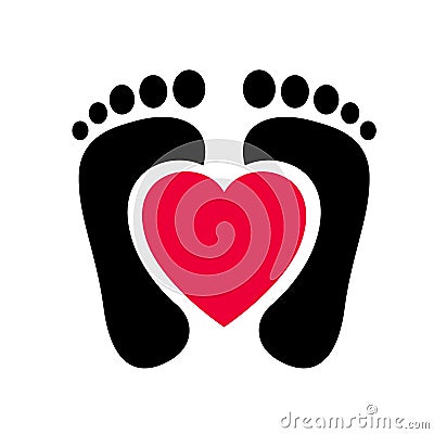 Human feet black silhouette heart shape centered vector. Footprint with toes icon. Stock Photo