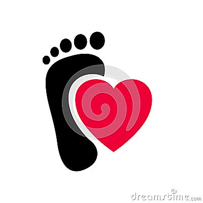 Human feet black silhouette heart shape centered vector. Footprint with toes icon. Stock Photo