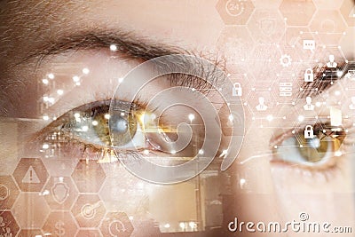 Human female eyes behind a comb cyber security system Stock Photo