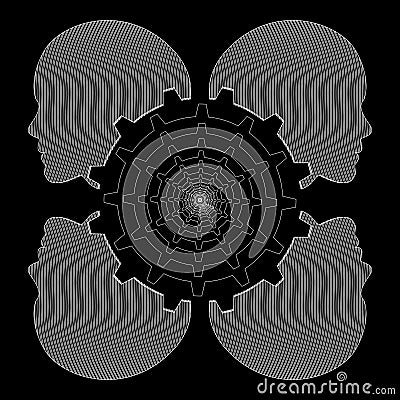 Human female heads and gears, black and white industrial line drawing,vector Vector Illustration