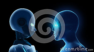 Human fights robot on black. Artificial intelligence Cartoon Illustration