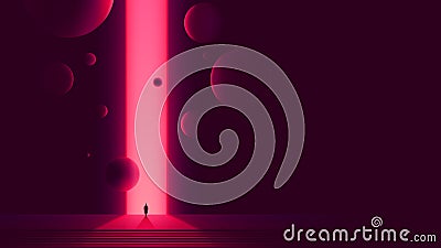 Human figure in front of portal to another dimension, space gate with a bright pink glow and flying balls, futuristic abstraction Vector Illustration