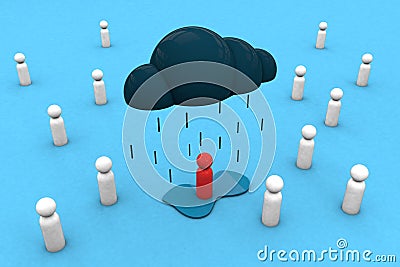 The human figure stands in a puddle under a cloud. Problems and failures, bad luck. Depression and sadness. 3d render Stock Photo