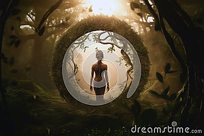 Human Figure Surrounded By Circle Of Nature, Symbolizing Rebirth. Generative AI Stock Photo