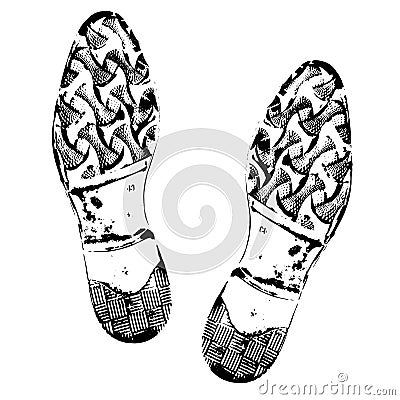 Human footprints shoe silhouette. Boot imprint, male shoes. Isolated on white background. Vector Illustration