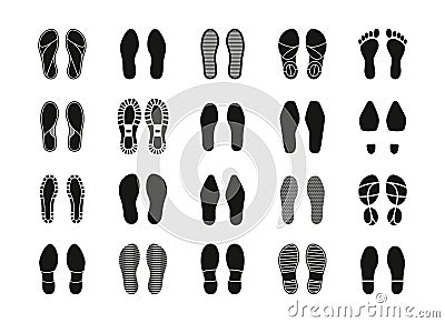 Human footprints. Human step silhouettes, barefoot sneaker boots sole baby footsteps women shoes print trail. Vector Vector Illustration