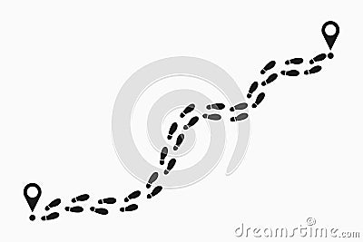 Human footprints tracking path. Shoes trail track with location pin. Footsteps route. Vector. Vector Illustration