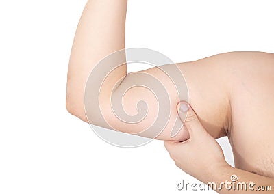 Human forearm biceps on white background, isolate. Muscle amyotrophy Concept. Rehabilitation for biceps and triceps injuries Stock Photo