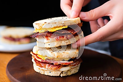 human hand adding bacon slice to an english muffin sandwich Stock Photo