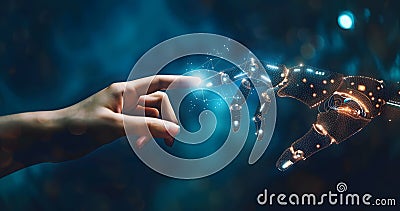 human hand and AI robot's finger touch each othe, with digital data flowing between them, artificial intelligence in Stock Photo