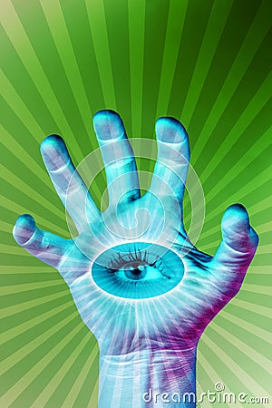 Human hand and all-seeing eye. Surreal illustration for your magic design. Collage of contemporary art. Cartoon Illustration
