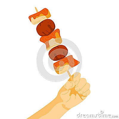 Human hand with chicken skewers on stick. Korean street food ddakkochi. Chicken and tomatos on stick in turns. Asian food snack Vector Illustration