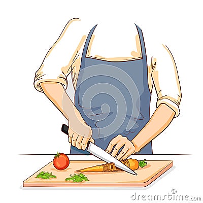 Human hand chopping and cutting fresh vegetable for home cooking Vector Illustration