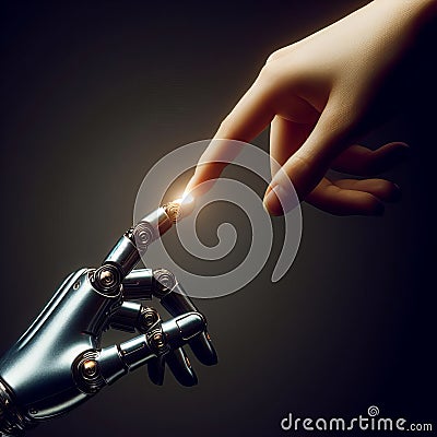 The human hand and the cyborg hand reach out to each other Stock Photo