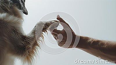 Human hand and dog paw in a touching gesture. friendship between human and pet captured. intimate and warm moment of Stock Photo