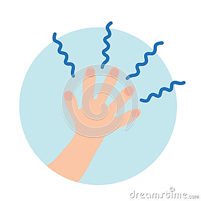 Human hand emanates blue waves. Isolated flat illustration on white and blue backgroud. Cartoon vector image. Vector Illustration