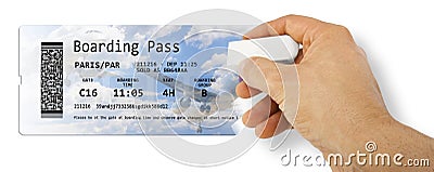 Human hand erases an airline ticket - Flight cancelled concept image - The image is totally invented and does not contain under Editorial Stock Photo