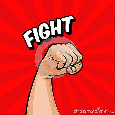 The human hand, the fist is raised up agitating the fight. The struggle for rights, political views. Red background Vector Illustration