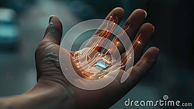 Human hand with futuristic holographic circuit technology Stock Photo