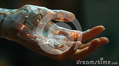 Human hand with futuristic holographic circuit technology Stock Photo