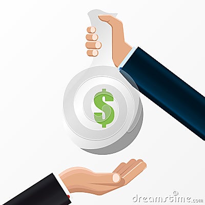 Human hand gives money bag to another person Vector Illustration