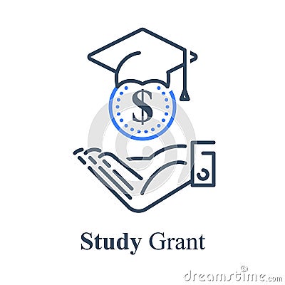 Human hand and graduation cap, study grant, scholarship concept, financial help Vector Illustration